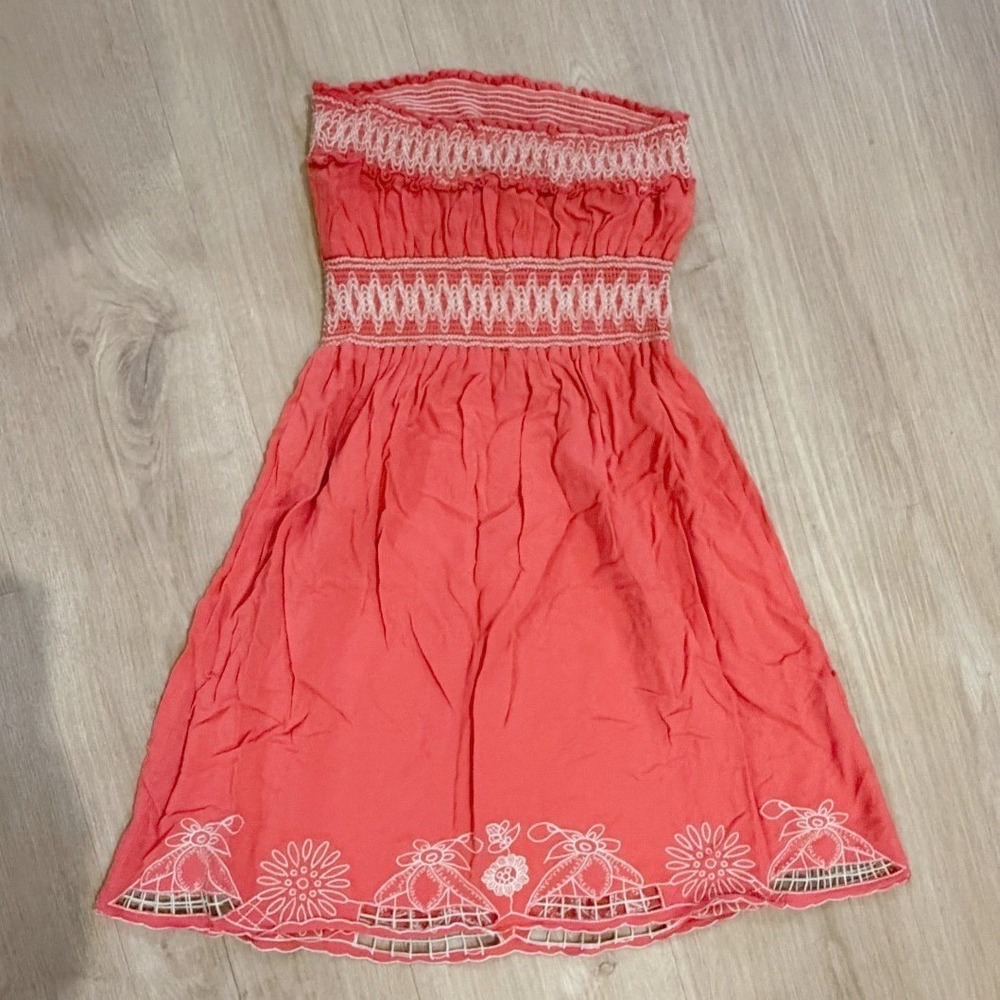 Vintage Y2K Wet Seal XS/S Coral Embroidered Smocked Strapless Babydoll Tube Top - Picture 2 of 6